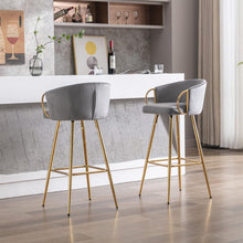 Carregar imagem no visualizador da galeria, 26 Inch Set of 2 Bar Stools, with Chrome Footrest and Base Velvet + Golden Leg Simple Bar Stool, GRAY
