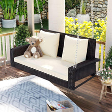 Load image into Gallery viewer, 2-Person Wicker Hanging Porch Swing with Chains, Cushion, Pillow, Rattan Swing Bench for Garden, Backyard, Pond. (Brown Wicker, Beige Cushion)
