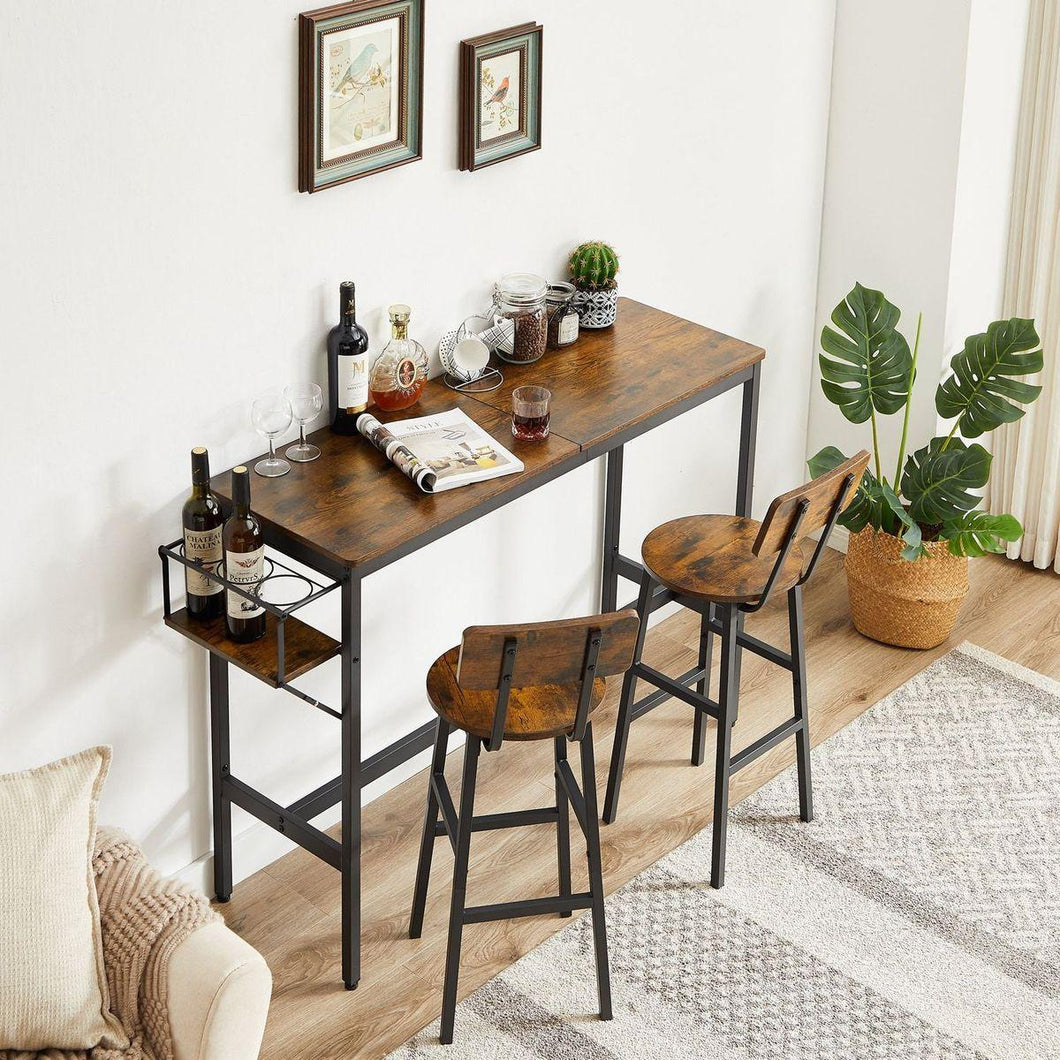 Bar Table Set with wine bottle storage rack. Rustic Brown, 47.24