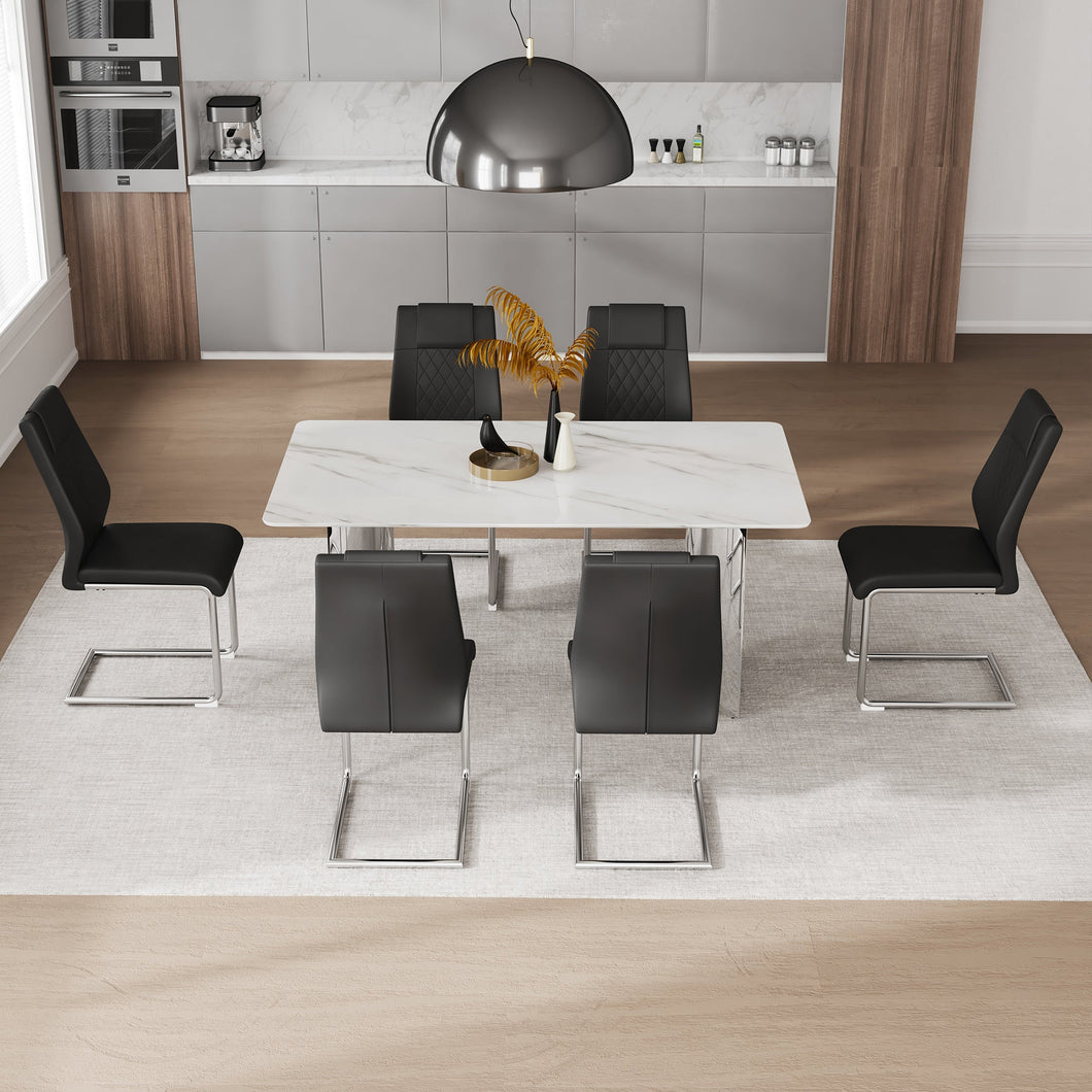 Table and chair set, modern and minimalist dining table. Imitation marble glass sticker desktop, stainless steel legs, stable and beautiful. Comfortable PU seats. DT-69