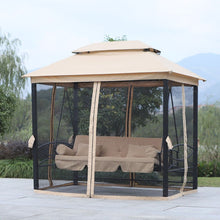 Carregar imagem no visualizador da galeria, 3-Seat Patio Swing Chair, Outdoor Gazebo Swing with Double Tier Canopy, Mesh Sidewalls, Cushioned Seat and Pillows, Beige
