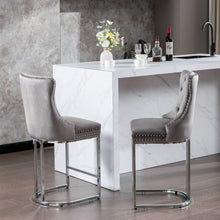 Cargar imagen en el visor de la galería, 26&quot; Counter Height Bar Stools Set of 2, Modern Velvet Barstools with Button Back&amp;Rivet Trim Upholstered Kitchen Island Chairs with Sturdy Chromed Metal Base Legs Farmhouse Bar Stools, (Gray, 2 Pack)
