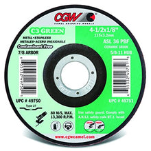 Cargar imagen en el visor de la galería, CGW Abrasives 4-1/2 x 1/8 (3.2mm) x 7/8 C3 Green Grinding Wheels 49750
