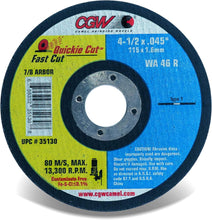 Cargar imagen en el visor de la galería, CGW Abrasives 35130 4-1/2x.045x7/8 T1 WA46-R Resin Cut WHLS Thin
