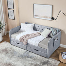 Load image into Gallery viewer, Twin Size Upholstery Daybed with Trundle Bed and Two Storage Drawers , Flat Arms with Pocket, Extendable Daybed for Bedroom Living Room,Linen Grey
