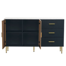 Load image into Gallery viewer, Modern Sideboard MDF Buffet Cabinet Marble Sticker Tabletop and Amber-yellow Tempered Glass Doors with Gold Metal Legs &amp; Handles (Navy Blue)
