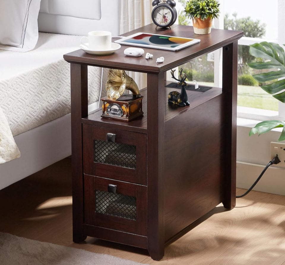 Farmhouse XXL End Table with Charging Station, Narrow Side Table with USB Ports and Outlets, Nightstand with 2 Drawers Storage, Bedside Tables