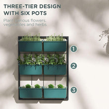 Carregar imagem no visualizador da galeria, 3-Tier Wall Planter with 6 Pots for Indoor and Outdoor Use, Hanging Plant Holder, Self Draining Wall Mounted Planter for Vegetables, Flowers, Herbs, Green

