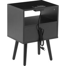 Load image into Gallery viewer, 15.75&quot; Rattan End table with Power Outlet &amp; USB Ports, Modern nightstand with drawer and solid wood legs, side table for living roon, bedroom, black
