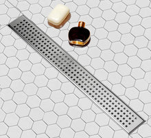 Load image into Gallery viewer, SaniteModar Linear Shower Drain, Shower Drain 60 inch with Removable Square Hole Panel, AISI Brushed 304 Stainless Steel Shower Floor Linear Drain wit

