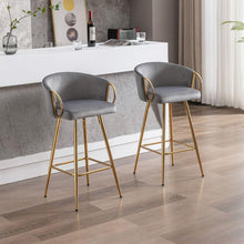 Carregar imagem no visualizador da galeria, 26 Inch Set of 2 Bar Stools, with Chrome Footrest and Base Velvet + Golden Leg Simple Bar Stool, GRAY
