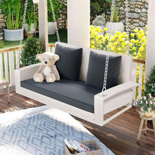 Cargar imagen en el visor de la galería, 2-Person Wicker Hanging Porch Swing with Chains, Cushion, Pillow, Rattan Swing Bench for Garden, Backyard, Pond. (White Wicker, Gray Cushion)

