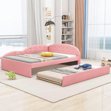 Carregar imagem no visualizador da galeria, Full Size PU Upholstered Tufted Daybed with Trundle and Cloud Shaped Guardrail, Pink
