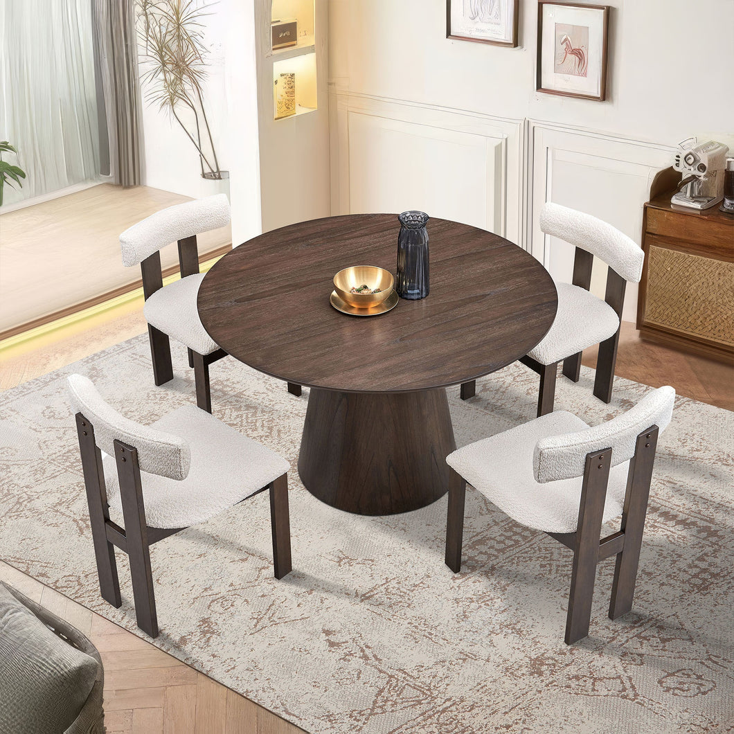 (1 Table with 4 Chairs)Wooden Dining Table Set, Modern Round MDF Kitchen Table and Boucle Upholstered Dining Chairs for Dining Room, Kitchen, Saving Space, Brown