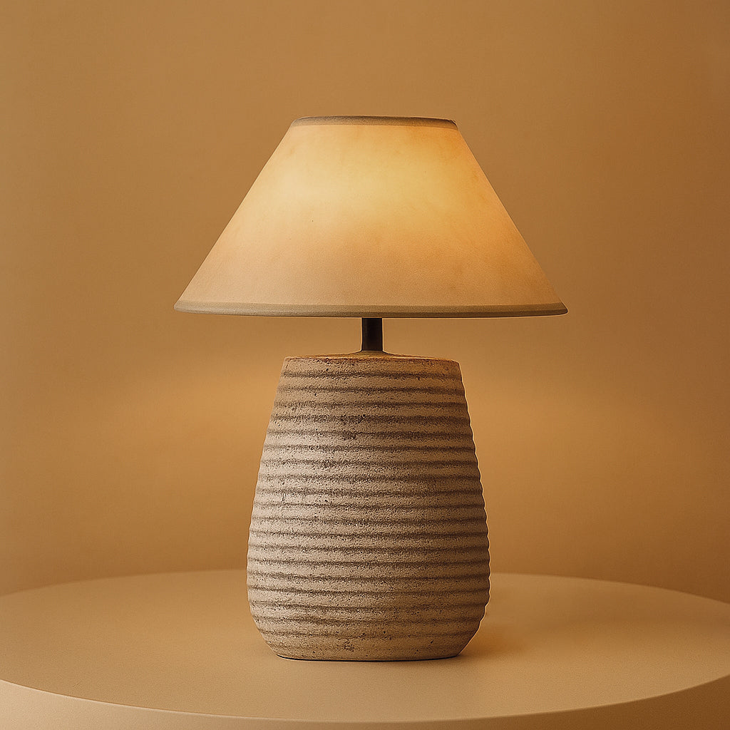 Nogy Textured Ceramic Japandi Table Lamp – Ribbed Stone Base with Linen Shade