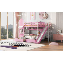 Carregar imagem no visualizador da galeria, Full-Over-Full Castle Style Bunk Bed with 2 Drawers 3 Shelves and Slide - Pink
