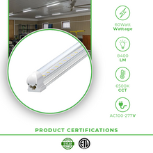 Cargar imagen en el visor de la galería, T8 Integrated 8ft LED Shop Lights Triac Dimmable- 60W with 6500K and 8400 Lumens, 100V-277V- Linkable LED Fixture
