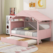 Load image into Gallery viewer, Wood Twin Size House Bed with Trundle and Storage, Pink
