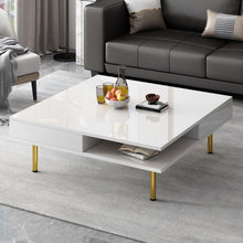 Carregar imagem no visualizador da galeria, Exquisite High Gloss Coffee Table with 4 Golden Legs and 2 Small Drawers, 2-Tier Square Center Table for Living Room, White
