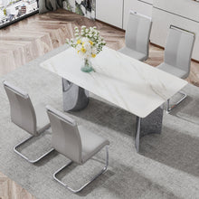 Carregar imagem no visualizador da galeria, Modern minimalist dining table. Imitation marble glass sticker desktop, stainless steel legs, stable and beautiful. 4 premium PU seats. 63 inches x 35.4 inches x 29.5 inches DT-69
