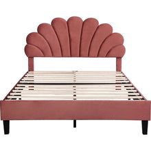 Carregar imagem no visualizador da galeria, Full Size Upholstered Platform Bed with Flower Pattern Velvet Headboard, Bean Paste Red
