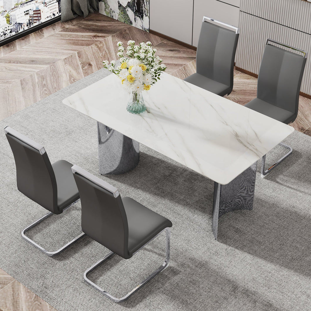 Modern minimalist dining table. Imitation marble glass sticker desktop, stainless steel legs, stable and beautiful. 4 premium PU seats. 63 inches x 35.4 inches x 29.5 inches DT-69