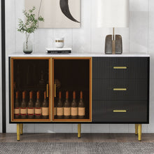 Carregar imagem no visualizador da galeria, Modern Sideboard MDF Buffet Cabinet Marble Sticker Tabletop and Amber-yellow Tempered Glass Doors with Gold Metal Legs &amp; Handles (Black)
