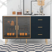 Load image into Gallery viewer, Modern Sideboard MDF Buffet Cabinet Marble Sticker Tabletop and Amber-yellow Tempered Glass Doors with Gold Metal Legs &amp; Handles (Navy Blue)
