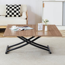 Carregar imagem no visualizador da galeria, Modern minimalist multifunctional lifting table, with a 0.8-inch wood grain process sticker desktop and black metal legs, can be used as a dressing table, coffee table, dining table, and office table
