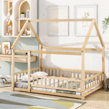 Load image into Gallery viewer, Full Size Floor Wooden Bed with House Roof Frame, Fence Guardrails, Natural
