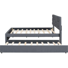 Carregar imagem no visualizador da galeria, Full Size Upholstered Platform Bed with Brick Pattern Headboard and Twin Size Trundle, Linen Fabric, Gray
