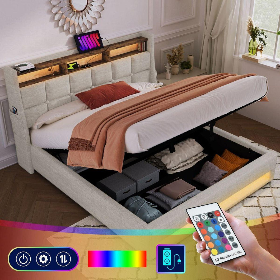 Full size Upholstered Platform bed with a Hydraulic Storage System, LED and USB Charging, Natural (without mattress)
