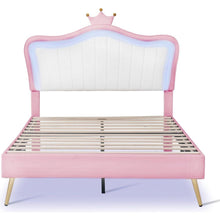 Cargar imagen en el visor de la galería, Full Size Upholstered Bed Frame with LED Lights,Modern Upholstered Princess Bed With Crown Headboard,White+Pink
