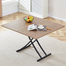 Carregar imagem no visualizador da galeria, Modern minimalist multifunctional lifting table, with a 0.8-inch wood grain process sticker desktop and black metal legs, can be used as a dressing table, coffee table, dining table, and office table
