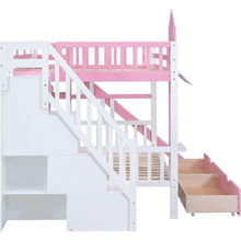 Carregar imagem no visualizador da galeria, Full-Over-Full Castle Style Bunk Bed with 2 Drawers 3 Shelves and Slide - Pink
