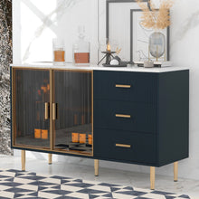 Load image into Gallery viewer, Modern Sideboard MDF Buffet Cabinet Marble Sticker Tabletop and Amber-yellow Tempered Glass Doors with Gold Metal Legs &amp; Handles (Navy Blue)
