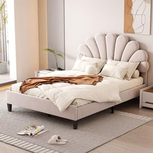 Load image into Gallery viewer, Full Size Upholstered Platform Bed with Flower Pattern Velvet Headboard, Beige
