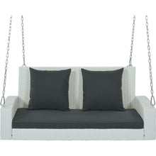 Cargar imagen en el visor de la galería, 2-Person Wicker Hanging Porch Swing with Chains, Cushion, Pillow, Rattan Swing Bench for Garden, Backyard, Pond. (White Wicker, Gray Cushion)
