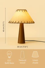 Carregar imagem no visualizador da galeria, Nogy Handcrafted Japandi Table Lamp – Wood + Leather Style Shade, Linen &amp; Natural Parchment Shade
