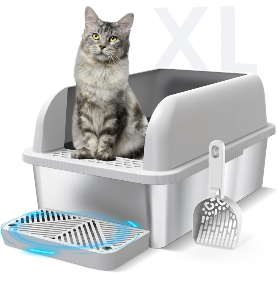 Suzzipaws Enclosed Stainless Steel Cat Litter Box with Lid Extra Large Litter Box for Big Cats XL Metal Litter Pan Tray with High Wall Sides Enclosure