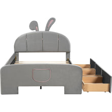 Load image into Gallery viewer, Full Size Velvet Platform Bed with Rabbit-Shaped Headboard, with Drawers, with Bed-End Storage Pocket, Gray
