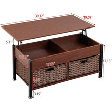 Load image into Gallery viewer, Metal coffee table,desk,with a lifting table,and hidden storage space.There were two removable wicker baskets that could be placed in any space such as the living room,color:brownwith solid wood grain

