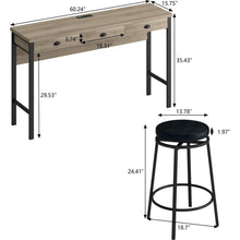 Carregar imagem no visualizador da galeria, 3-Drawer Long Dining Table Set with Power Outlets, Bar Kitchen Table Set with Circular PU Stools, Easy Assemble, Brown Gray Table+Black Stool
