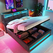 Carregar imagem no visualizador da galeria, Full size Upholstered Platform bed with a Hydraulic Storage System, LED and USB Charging, Grey (without mattress)

