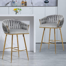 Carregar imagem no visualizador da galeria, 26&quot; Counter height bar stools Set of 2,velvet kitchen island counter bar stool with hand- wave back,golden chromed base and foot rest(GREY)
