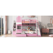 Carregar imagem no visualizador da galeria, Full-Over-Full Castle Style Bunk Bed with 2 Drawers 3 Shelves and Slide - Pink
