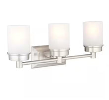 Cargar imagen en el visor de la galería, Hampton Bay Cade 20.25 in. 3-Light Brushed Nickel Bathroom Vanity Light Fixture with Frosted Glass Shades
