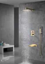 Carregar imagem no visualizador da galeria, 12-inch Or 16-inch Or 6&#39;&#39; Wall-Mount Brushed Gold 3-Way Thermostatic Shower Valve System: Versatile Functionality and Stunning Design
