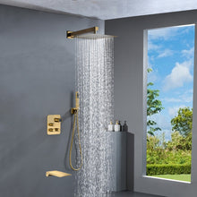 Carregar imagem no visualizador da galeria, 12-inch Or 16-inch Or 6&#39;&#39; Wall-Mount Brushed Gold 3-Way Thermostatic Shower Valve System: Versatile Functionality and Stunning Design
