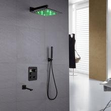 Cargar imagen en el visor de la galería, 12-inch or 16-inch Wall Mount Matte Black Rain Shower Head with Thermostatic Faucet and Tub Spout - Immerse in a Blissful Shower Experience
